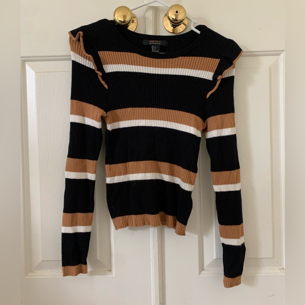 Forever 21 Color Block Striped Sweater with Ruffles